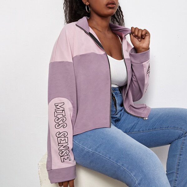 

Plus Color-block Slogan Graphic Zip-up Jacket, Purple