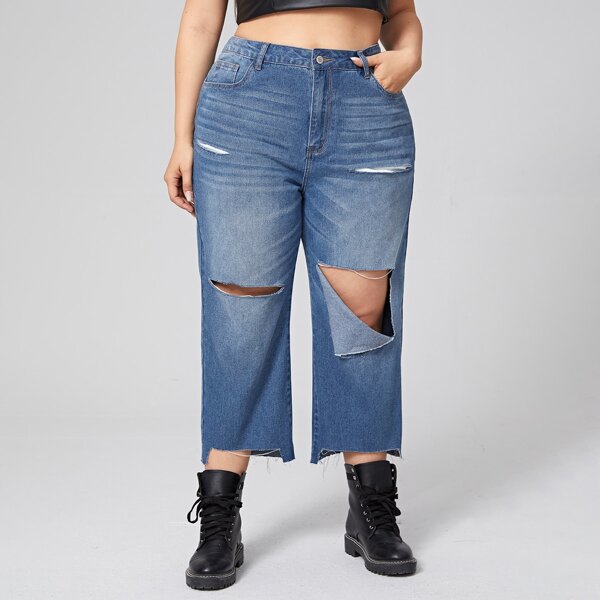 

Plus High Waist Ripped Detail Raw Hem Jeans, Medium wash