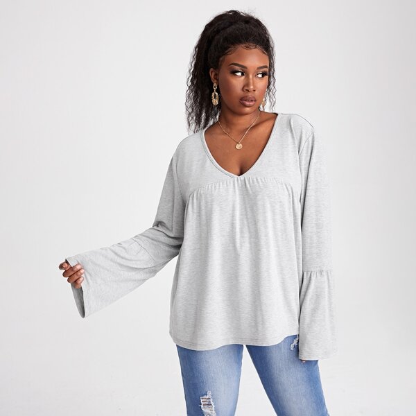 

Plus Solid V-neck Flounce Sleeve Tee, Light grey