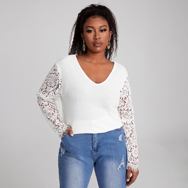 

Plus Contrast Lace Sleeve V-neck Top, White