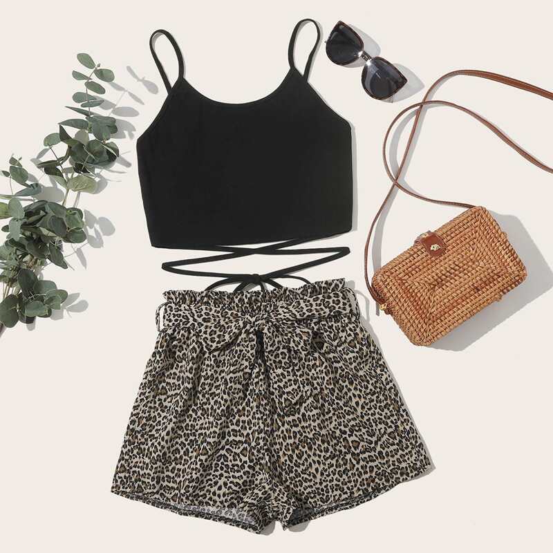 

Solid Tie back Crop Cami & Leopard Shorts, Multicolor