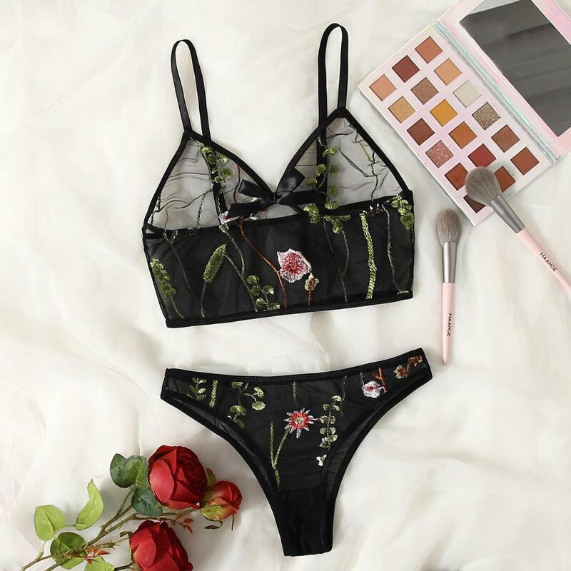 

Embroidered Mesh Bow Front Lingerie Set, Black
