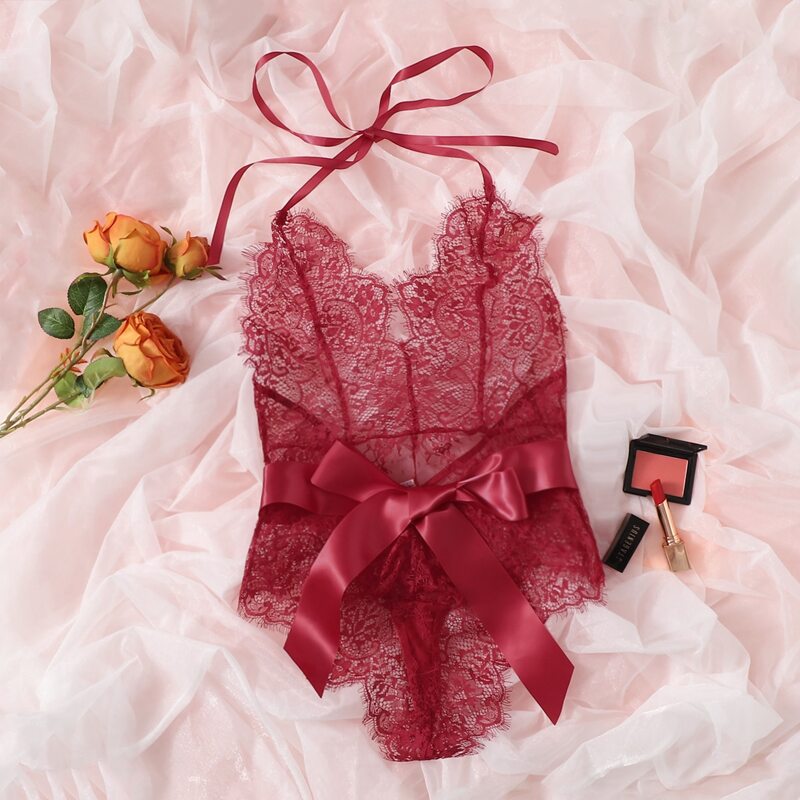 

Eyelash Lace Tie Front Teddy Bodysuit, Burgundy