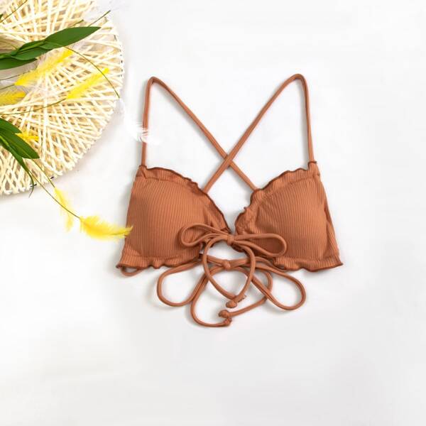 

Rib Frill Tie Front Bikini Top, Brown