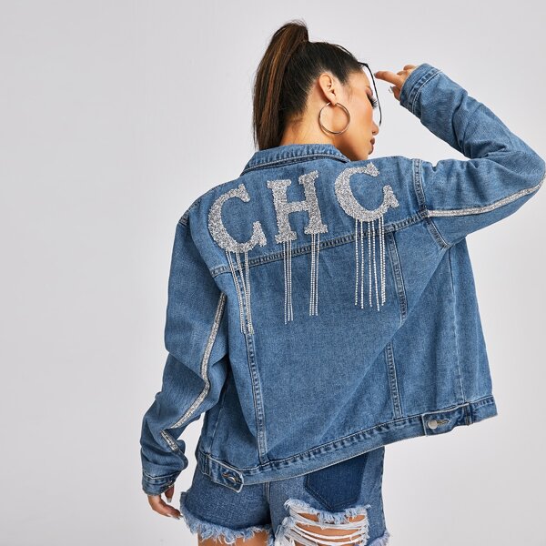 

Letter Patched Rhinestone Fringe Denim Jacket, Medium wash