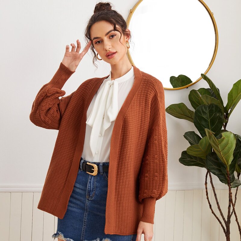 

Lantern Sleeve Solid Cardigan, Rust brown