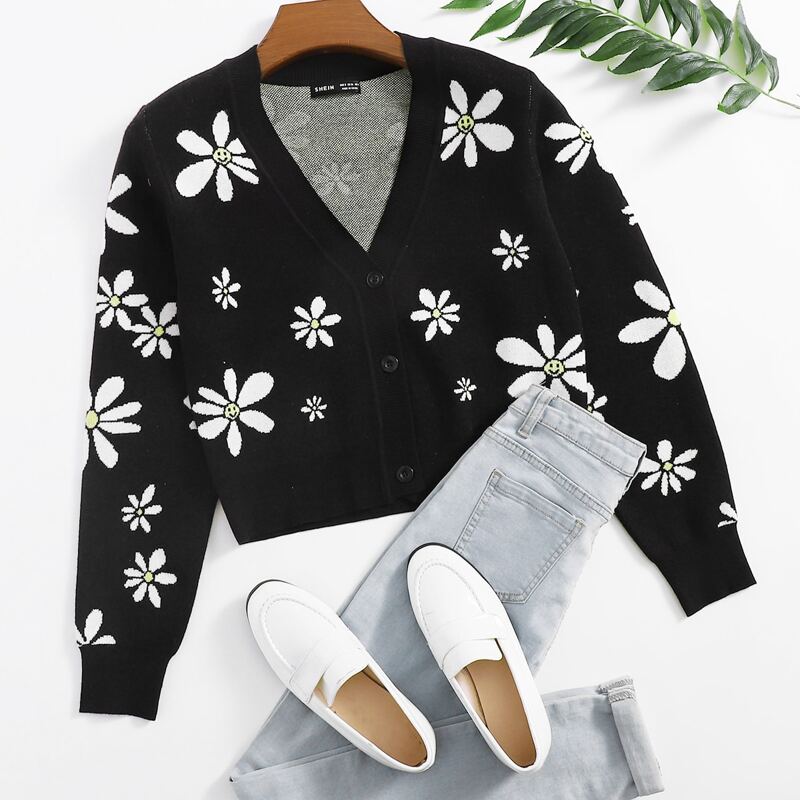 

Single Breasted Floral Pattern Cardigan, Black