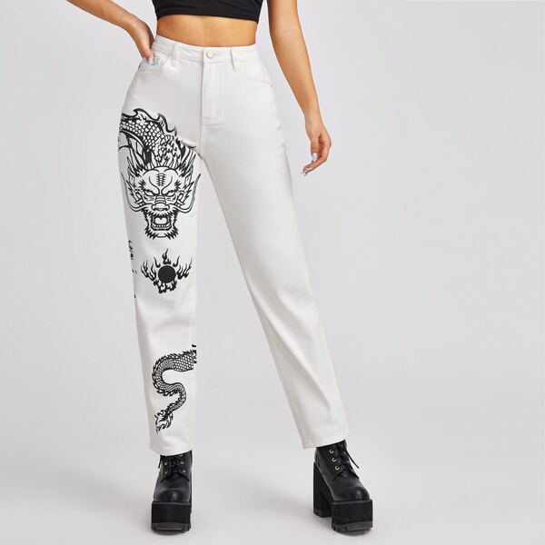

High Waist Chinese Dragon Print Jeans, White