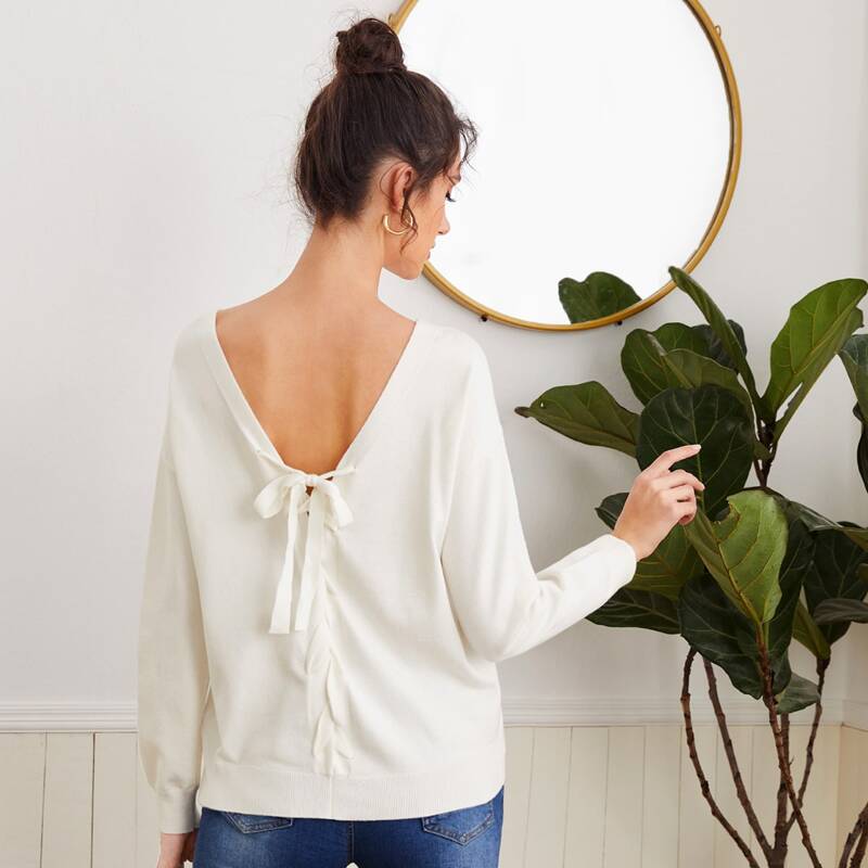 

Drop Shoulder Lace Up Back Sweater, White