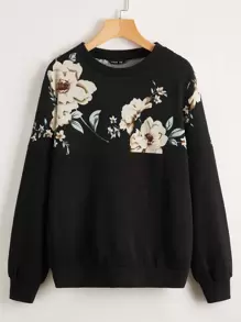 SHEIN LUNE Plus Floral Print Yoke Pullover Winter Fall Autumn - Black - View 1