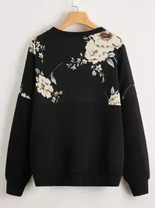 SHEIN LUNE Plus Floral Print Yoke Pullover Winter Fall Autumn - Black - View 2