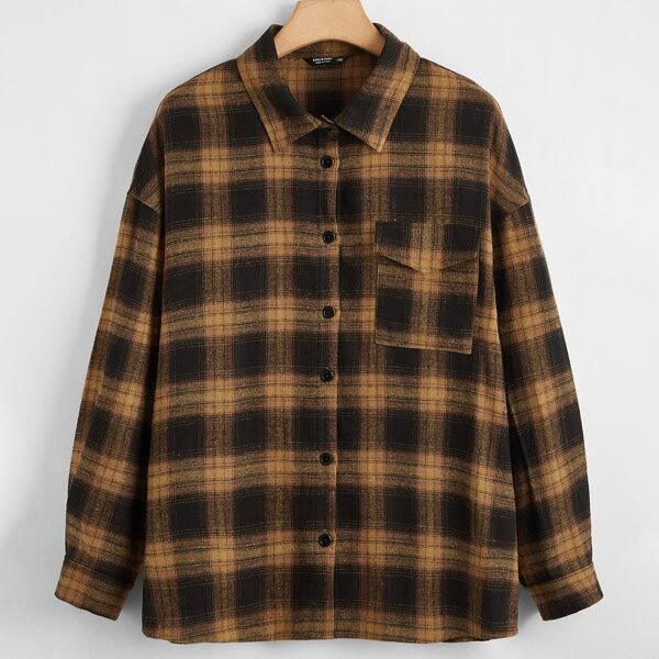 

Plus Drop Shoulder Flap Pocket Tartan Blouse, Multicolor
