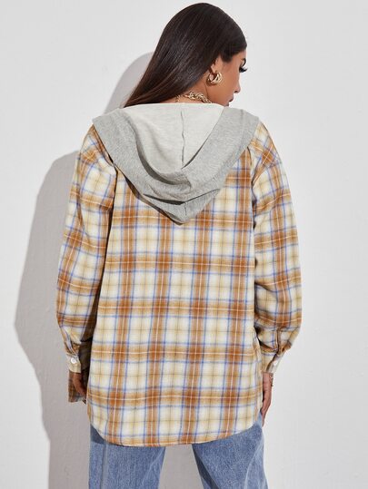 Tartan Drawstring Hooded Blouse