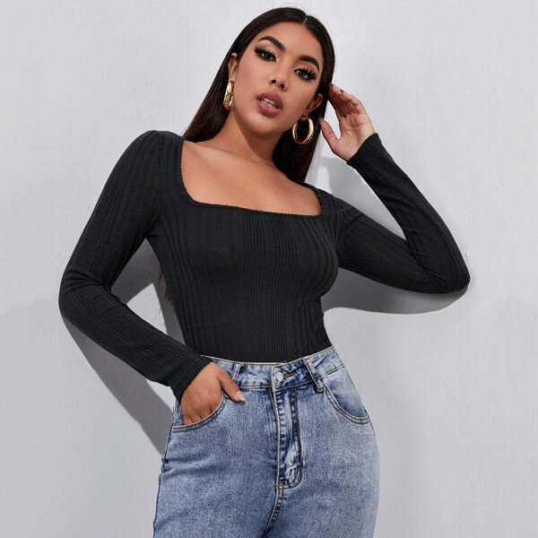 

Square Neck Rib-knit Slim Tee, Black