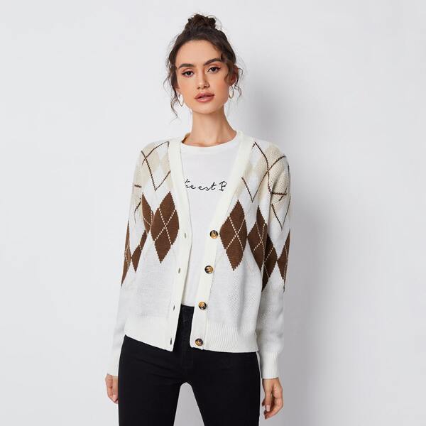 

Drop Shoulder Argyle Pattern Button Placket Cardigan, Multicolor