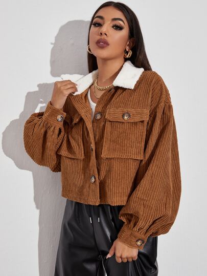 Contrast Shearling Collar Button Front Flap Pocket Cord Jacket