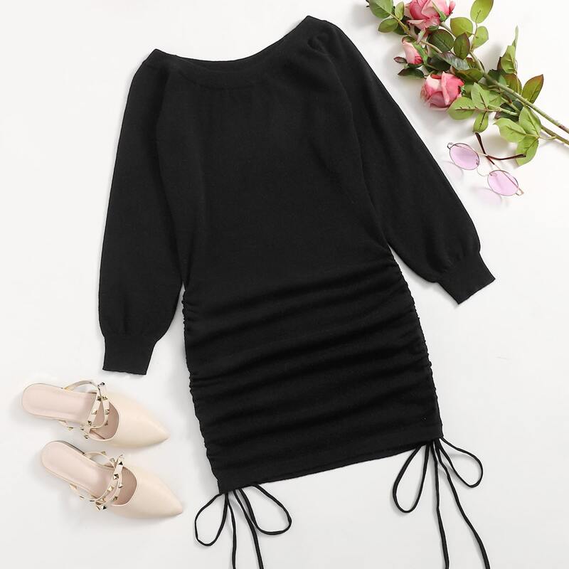 

Drawstring Ruched Sweater Dress, Black
