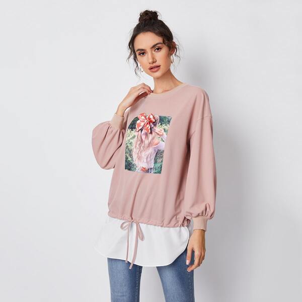 

Bow Front Figure Graphic Drawstring Contrast Hem Pullover, Dusty pink
