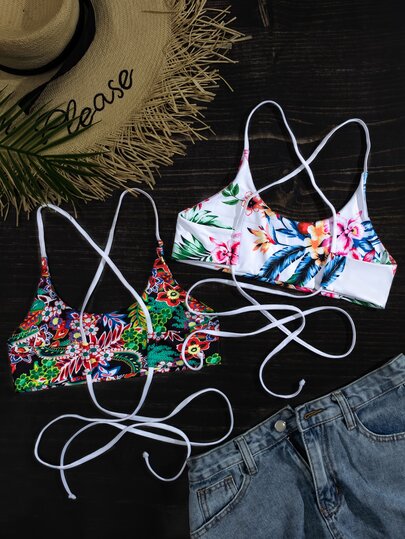 2pack Floral & Plant Print Bikini Top