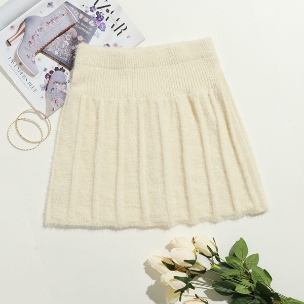 

Solid Fuzzy Knit Skirt, Beige