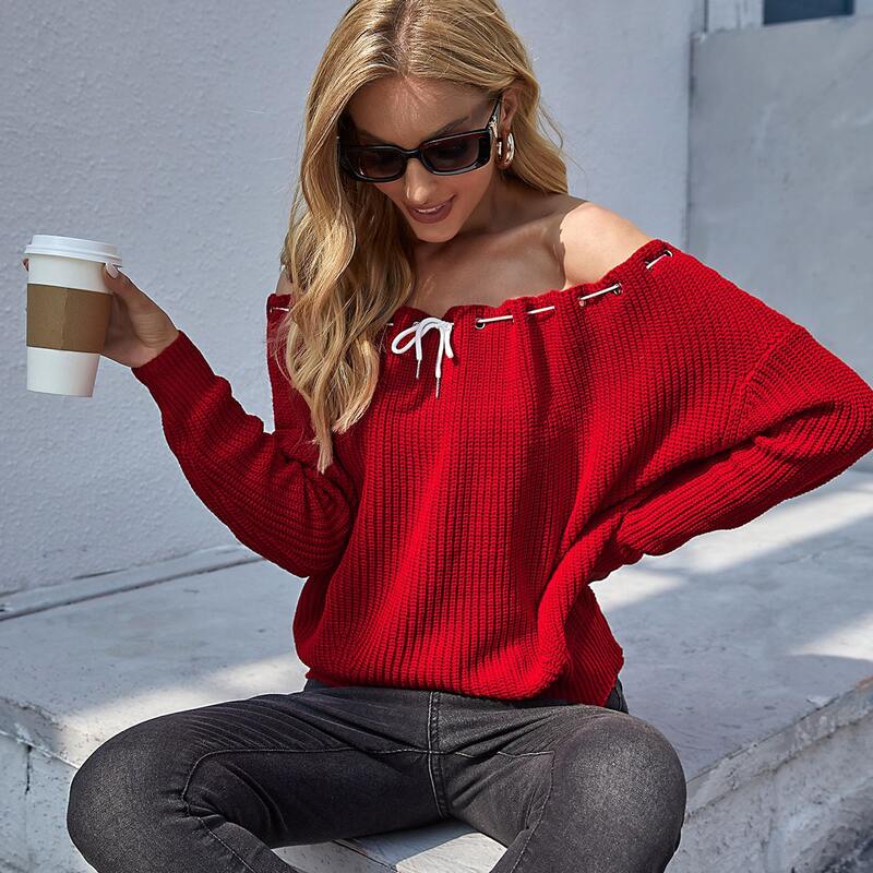 

Off Shoulder Drawstring Waist Sweater, Burgundy
