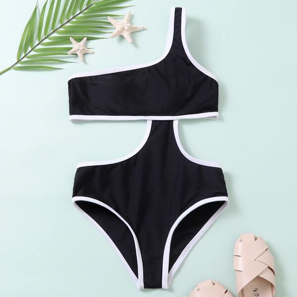 

Girls Contrast Binding One Shoulder One Piece Swimsuit, Black