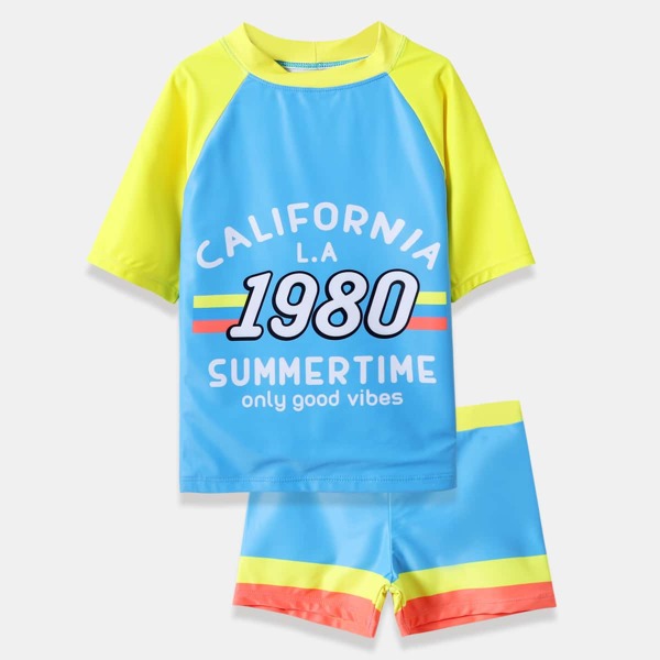 

Boys Slogan Graphic Swimsuit, Multicolor