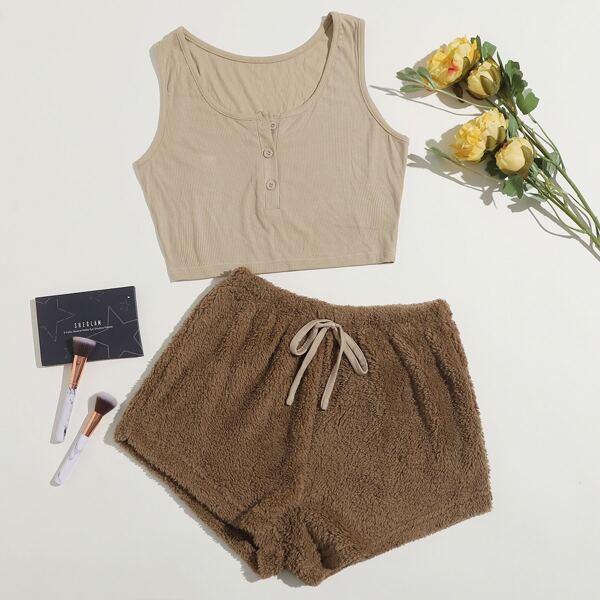 

Scoop Neck Tank Top & Tie Front Teddy Shorts Lounge Set, Multicolor