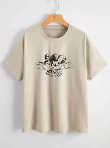 Muchica Angel & Letter Graphic Tee - Khaki - View 1