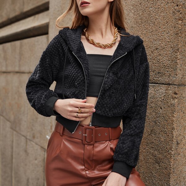 

Zip Up Drop Shoulder Hooded Teddy Jacket, Black