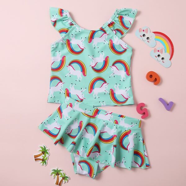 

Toddler Girls Rainbow Striped & Unicorn Print Bikini Swimsuit, Multicolor
