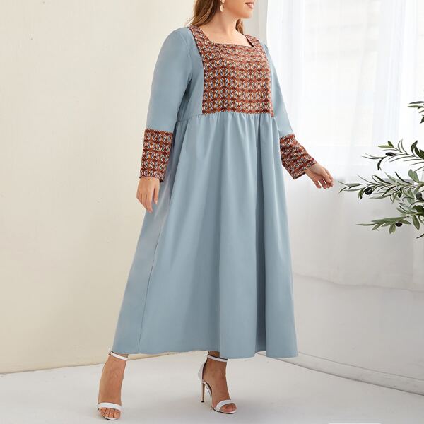

Plus Geo Print Square Neck Smock Dress, Baby blue