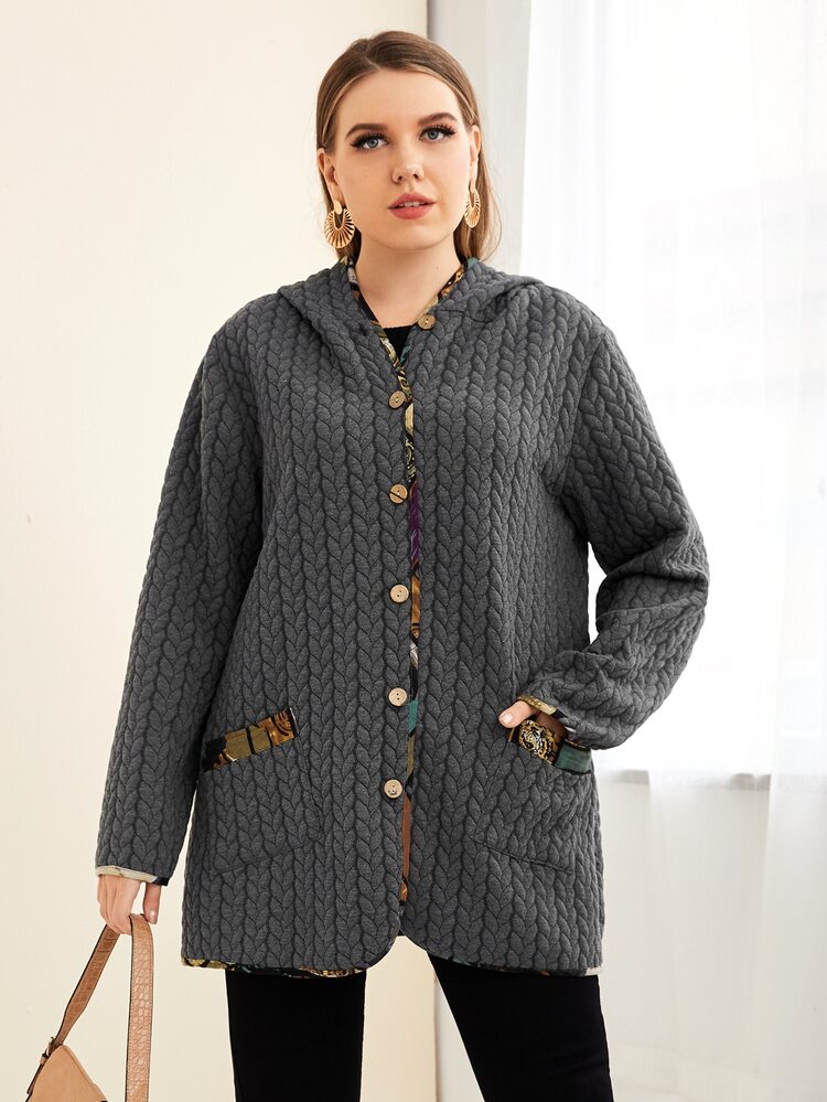 Mulvari 大碼拼接邊前口袋連帽外套 - 深灰色 - 查看 5