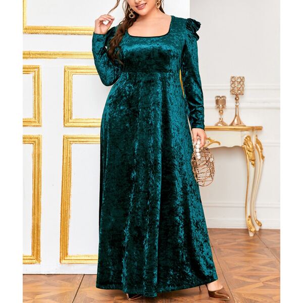 

Plus Velvet Leg-of-mutton Sleeve Dress, Teal blue