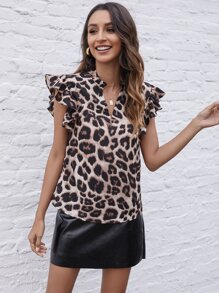 SHEIN LUNE 缺口領豹紋荷葉邊襯衫 - 彩色 - 查看 4