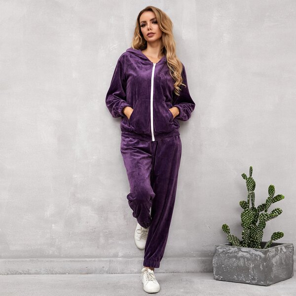 

Flannel Zip Up Hooded Jacket & Sweatpants, Purple