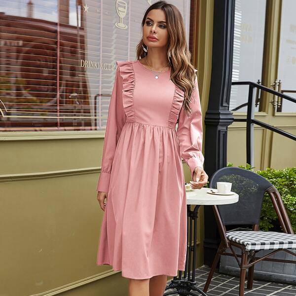 

Solid Ruffle Trim A-Line Dress, Coral pink