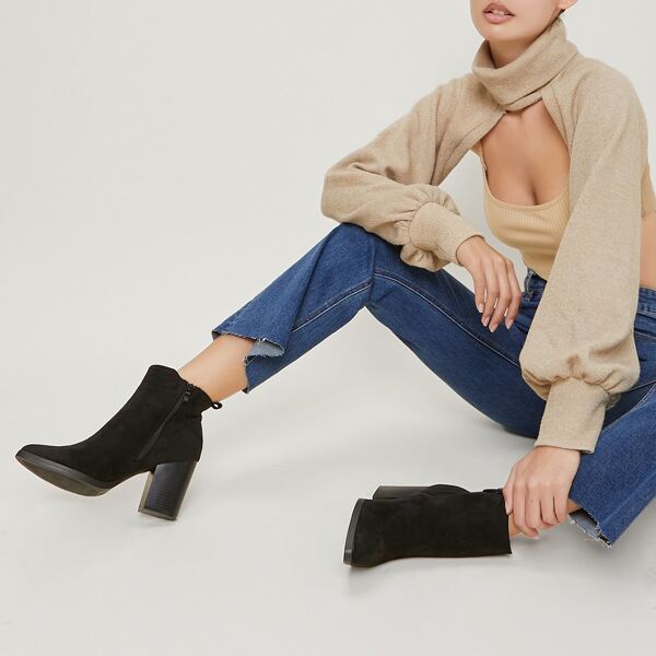 

Faux Suede Pointed Toe Slip-On Booties, Black
