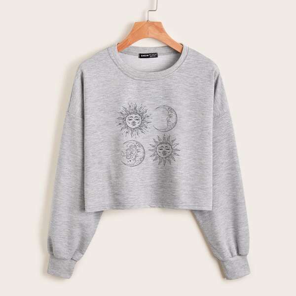 

Sun And Moon Print Oversized Crop Pullover, Light grey
