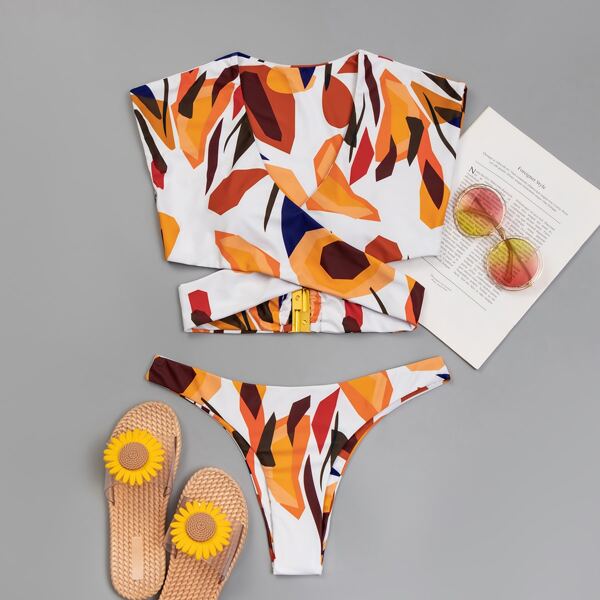 

Geo Print Wrap Bikini Swimsuit, Multicolor