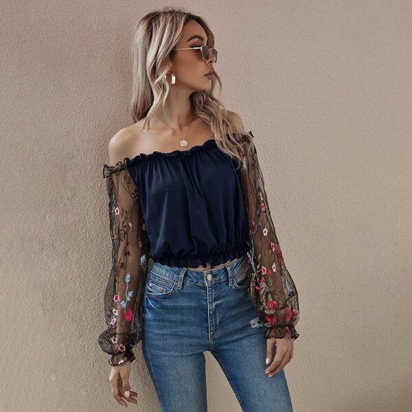 

Flower Mesh Embroidered Sleeve Bardot Top, Navy blue