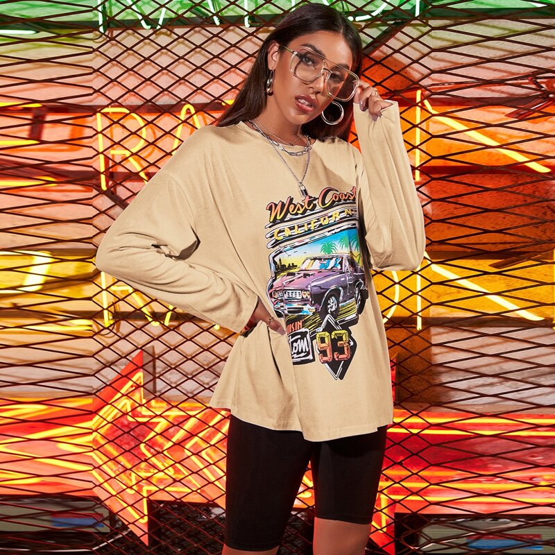 

Graphic Print Drop Shoulder Oversized Tee, Apricot