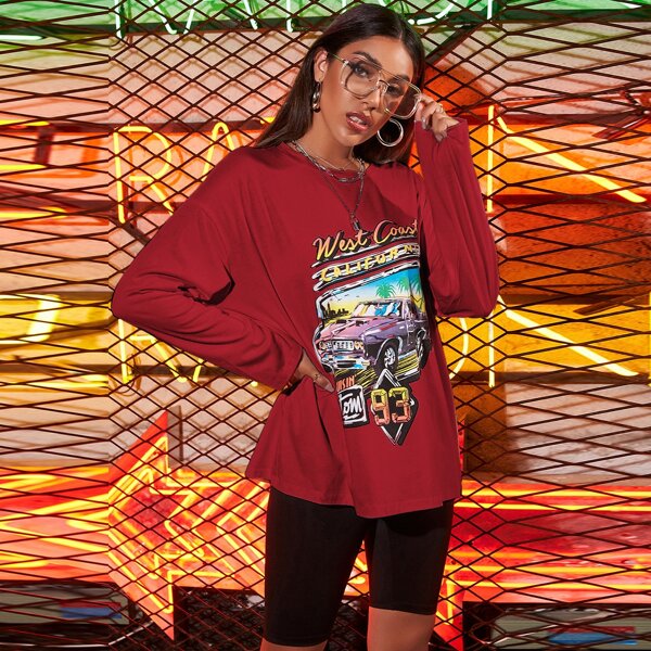 

Graphic Print Drop Shoulder Oversized Tee, Burgundy