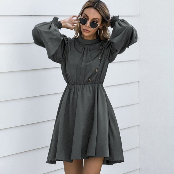 

Solid Button Front Keyhole Back Dress, Dark grey
