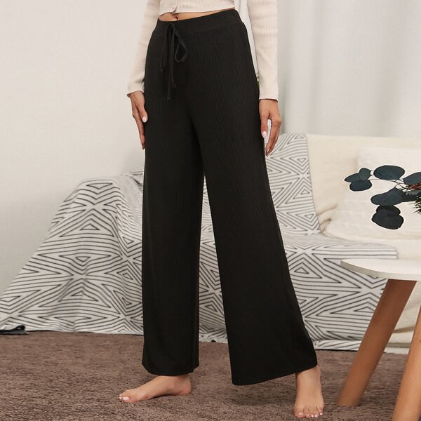 

Knot Front Rib-knit Wide Leg Pants, Black