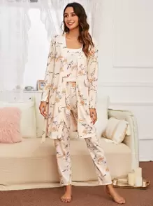 3pcs Allover Floral Print PJ Set & Belted Robe - Apricot - View 1