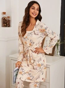 3pcs Allover Floral Print PJ Set & Belted Robe - Apricot - View 5