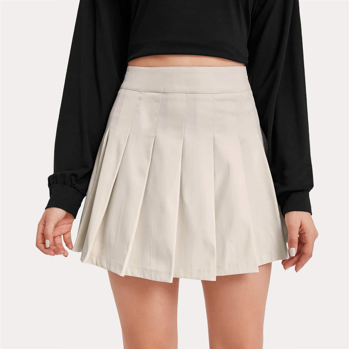 

Solid Pleated Skirt, Beige
