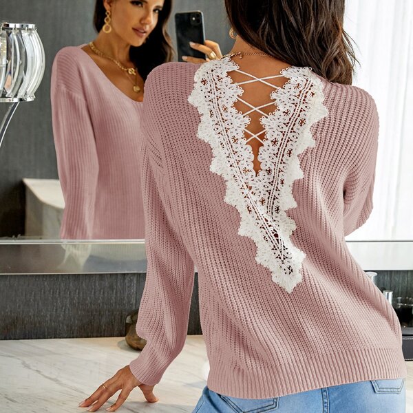 

Contrast Lace Back Rib-knit Sweater, Dusty pink