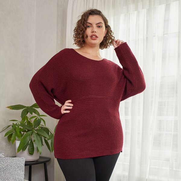 

Plus Batwing Sleeve V Neck Sweater, Burgundy